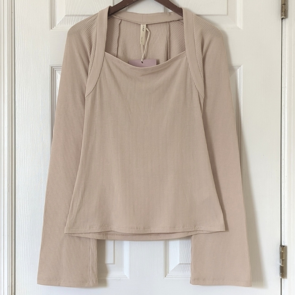 Nap Loungewear Ribbed Knit Bolero Square Neck Long Flared Sleeve Top Cream L